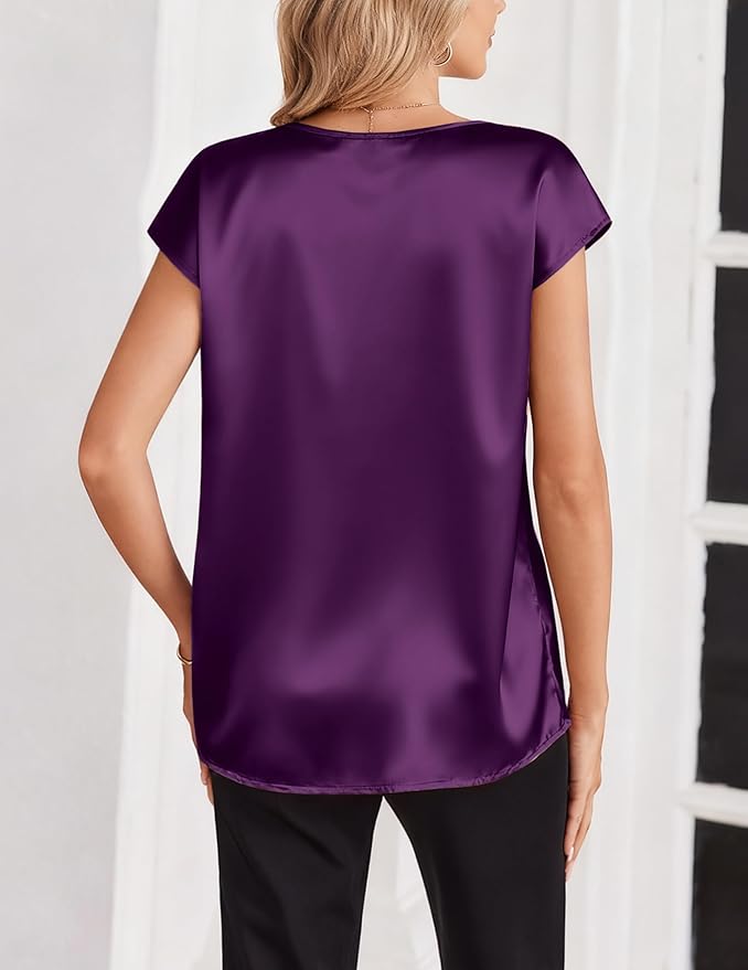 Zeagoo Women Silk Satin Tops Cap Short Sleeve Blouse V Neck Shirts Business Casual Outfits S-2XL