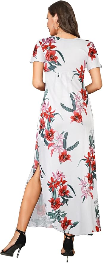 Arolina Women's Summer Maxi Dress Short Sleeve V Neck Casual Loose Long Beach Split Dresses with Pockets