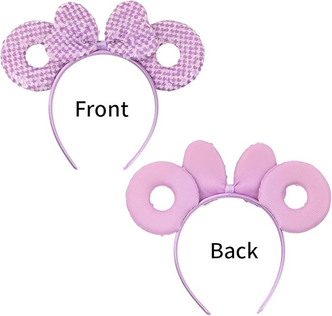 WelyHM Mouse Ears Sequin Donut Headband, Pink Adjustable Hairband for Disney Party, Halloween, Christmas, Princess Dress Up
