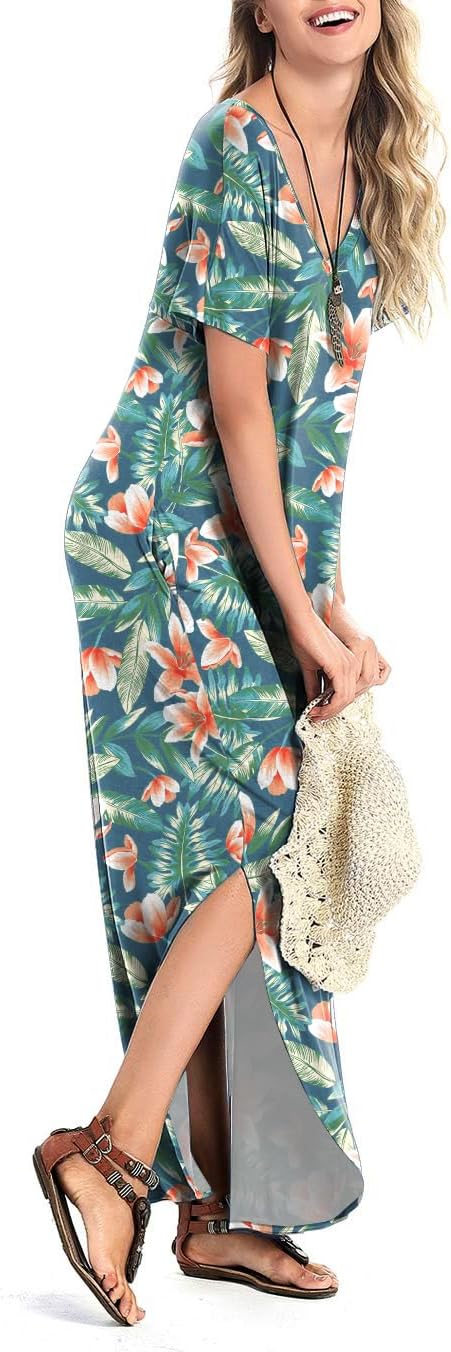 Arolina Women's Summer Maxi Dress Short Sleeve V Neck Casual Loose Long Beach Split Dresses with Pockets