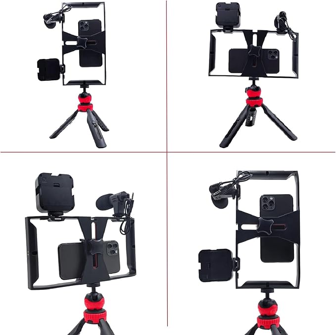 Vlogging Kit for iPhone Android Accessories, with Phone Mount, Tripod, LED Light, Microphone to One-Hand Operate Video Calling, Vlogging, YouTube, Instagram, Tiktok (ABS Black)