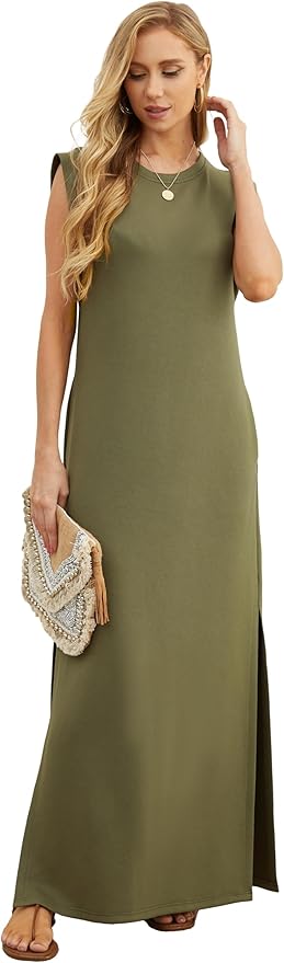 GRECERELLE 2026 Women Year-Round Casual Round Neck Loose Split Wrinkle-Free Long Maxi Vacation Dress with Pockets (XXS-4XL)