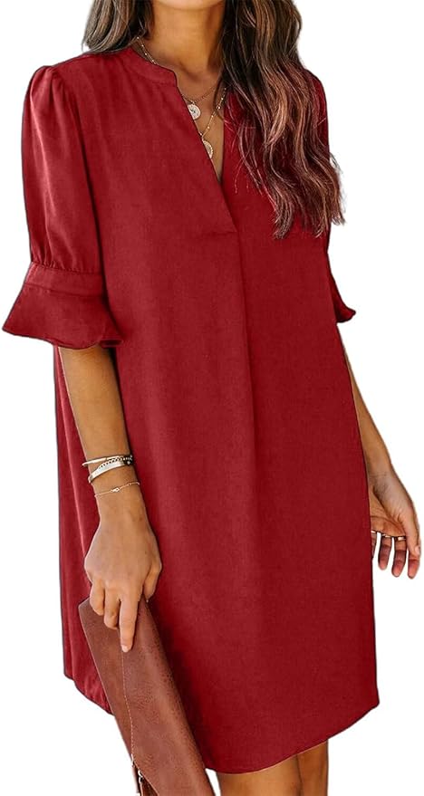 QACOHU Summer Dresses for Women V Neck Ruffle Short Sleeve Casual Shift Dress