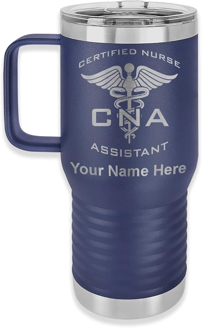 LaserGram 20oz Vacuum Insulated Travel Mug with Handle, CNA Certified Nurse Assistant, Personalized Engraving Included (Navy Blue)