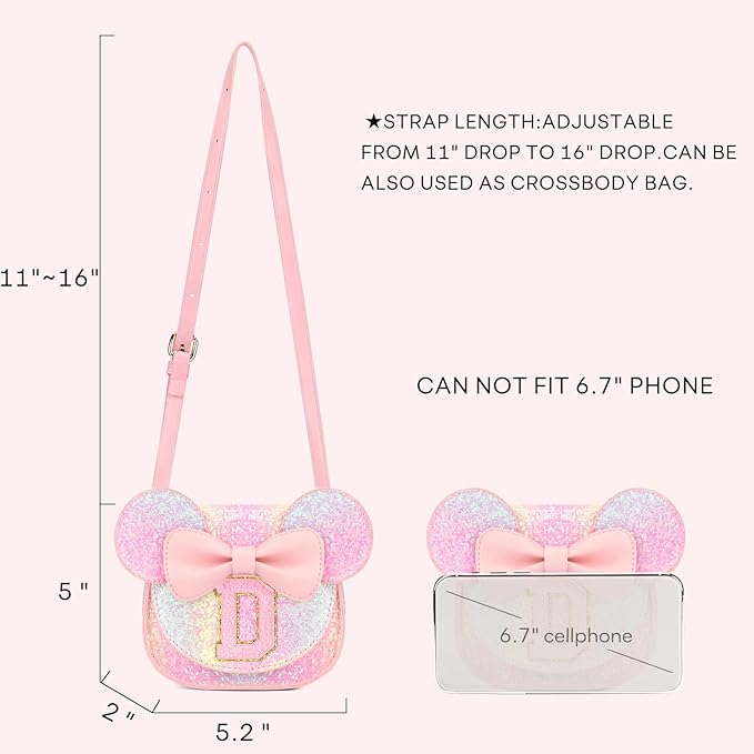 mibasies Toddler Purse Girl Gifts: Girls Birthday Gifts for 3-8 - Toys for Ages 2-4 Girls Mouse Ears Purse, Glitter Rainbow, Letter D