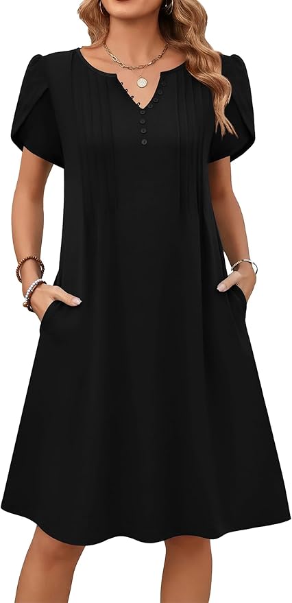 Zeagoo Women's Casual Dresses with Pockets Summer Floral V-Neck A-Line Tshirt Dress Short Sleeve Mini Dress Beach Sundress