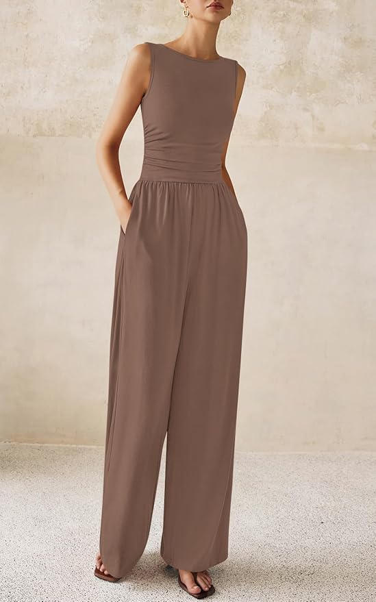 PRETTYGARDEN One Piece Jumpsuits for Women Dressy Casual Sleeveless Crewneck Wide Leg Rompers Jumpers Vacation Summer Outfits