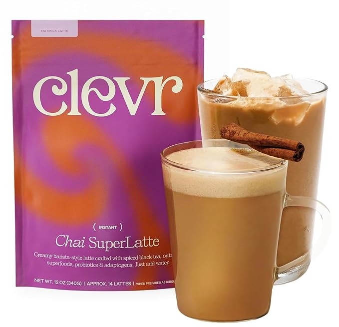 Clevr Chai Tea Latte, Instant Superfood Powder Blend with Oat Milk, Lion’s Mane, Reishi Mushroom, Black Tea, Organic Spices, Coconut Cream, Ashwagandha, Oprah’s Favorite Things 2022 (14 Lattes)