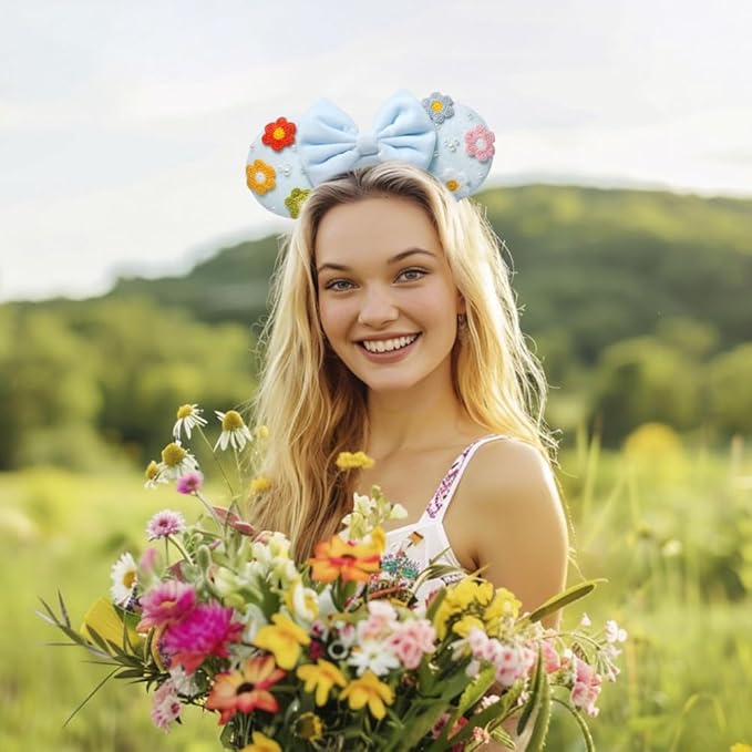 UNSPAZ Mouse Ears Headband, Mouse Ears for Women Girls with Pearl, Park Ears for Trips Birthday Decorations Hair Accessories (Baby Blue)