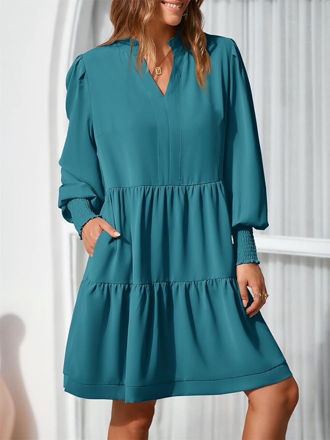 Imily Bela Womens Fall Long Sleeve Tunic Dress Casual V Neck Loose Ruffle Tiered Dress