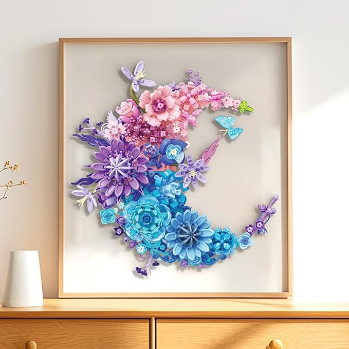 Eternal Flower Building Blocks Set, Simulated Artificial Flowers Moon Models, Home Decor or Idea Present for Adults and Kids, Valentine's Day Gifts for Girls, Standard Particles 977 PCS (JJ9163)