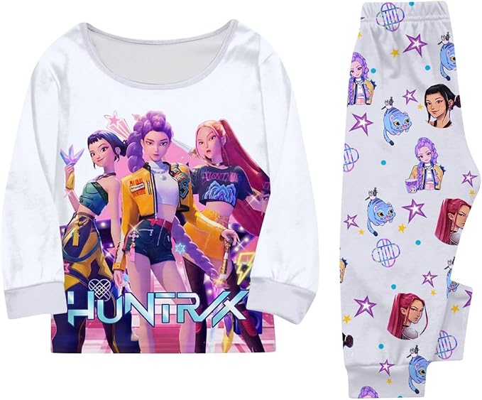 Girls 2 Piece K Pop Singer Outfits Cute Cartoon Graphic Shirts and Pants Casual Tracksuit Fashion Clothing Sets