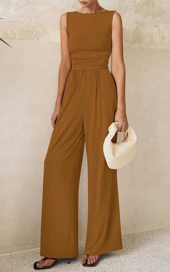 PRETTYGARDEN One Piece Jumpsuits for Women Dressy Casual Sleeveless Crewneck Wide Leg Rompers Jumpers Vacation Summer Outfits