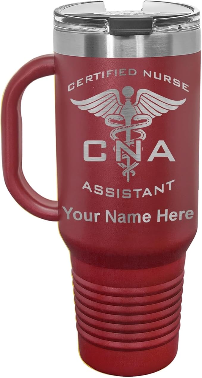 LaserGram 40oz Vacuum Insulated Travel Mug with Handle, CNA Certified Nurse Assistant, Personalized Engraving Included (Maroon)