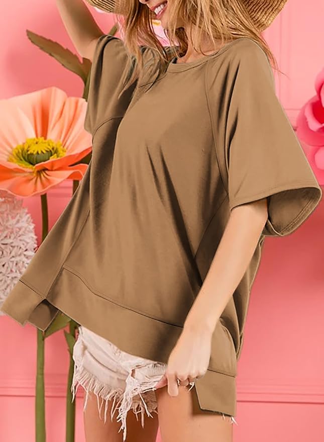 Dokotoo Oversized T Shirts for Women Crewneck Short Sleeve Casual Summer Tops Lightweight Loose High Low Blouse