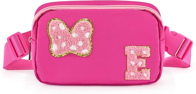 Chenille Initial Letter Bow Mouse Fanny Pack, Waterproof Park Crossbody Bag Christmas Birthday Gifts for Teen Girls Daughter Women Kids Adults, Cute Belt Bag Must Haves for Park Travel (E, Rose Red)