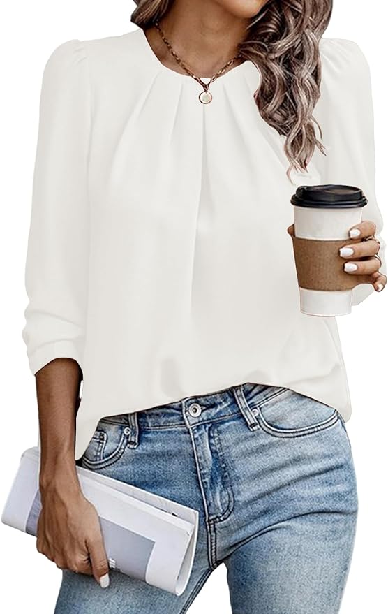 Samefar Womens Tops Dressy Casual Pleated Crew Neck Long Sleeve Shirts Office Work Chiffon Blouses
