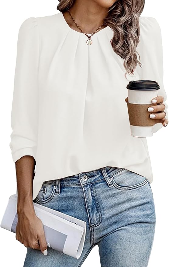 Samefar Womens Tops Dressy Casual Pleated Crew Neck Long Sleeve Shirts Office Work Chiffon Blouses