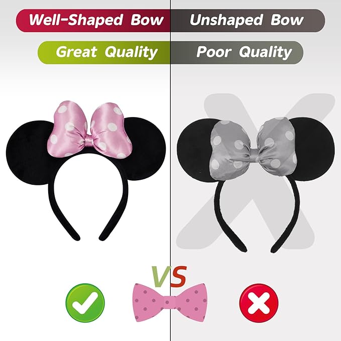 ODOCARE Handmade Mouse Ears Headband for Women and Ladies, Polka Dot Bow Minnie Ears Costume Accessories