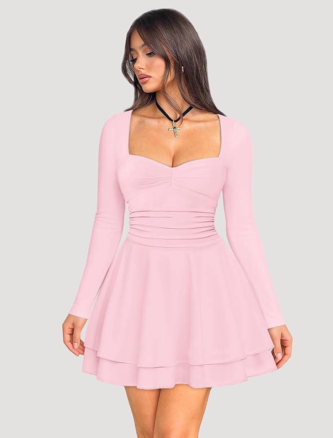 IWD Women's Square Neck Long Sleeve Mini Dress Ruched Corset Waist Tiered Ruffle Hem A Line Short Party Dresses