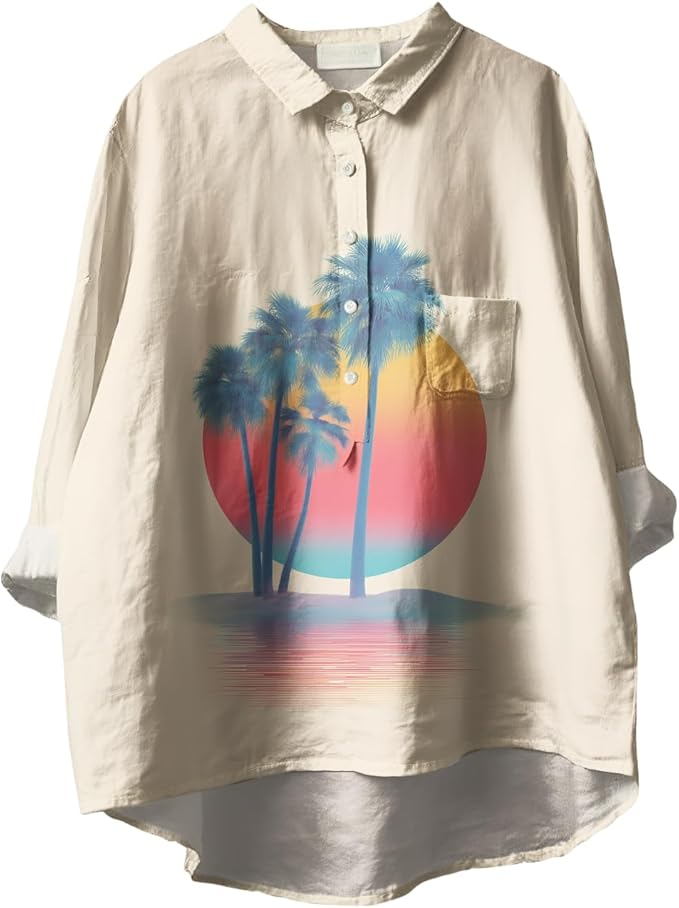 Womens Boho Tops 3/4 Long Sleeve Floral Blouses Hawaii Beach Button Down Shirts V Neck Pullover Casual Tunics
