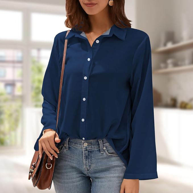 Womens Classic Shirts Casual Button Solid Color Long Sleeve Work Blouse Collared Relaxed Fit Summer Tops