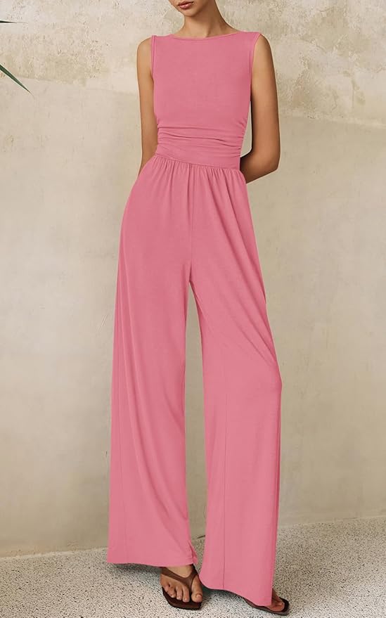PRETTYGARDEN One Piece Jumpsuits for Women Dressy Casual Sleeveless Crewneck Wide Leg Rompers Jumpers Vacation Summer Outfits