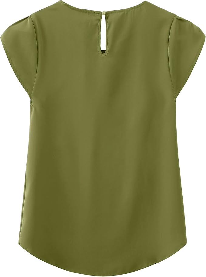 TASAMO Women's Casual Round Neck Basic Pleated Top Cap Sleeve Curved Keyhole Back Chiffon Blouse