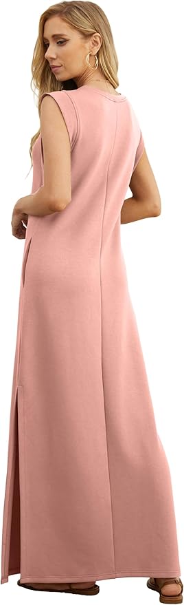 GRECERELLE 2026 Women Year-Round Casual Round Neck Loose Split Wrinkle-Free Long Maxi Vacation Dress with Pockets (XXS-4XL)