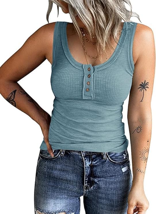 KINLONSAIR Women's Sleeveless Henley Tank Tops Ribbed V Neck Button Down T Shirts Summer Slim Fit Tee Tops