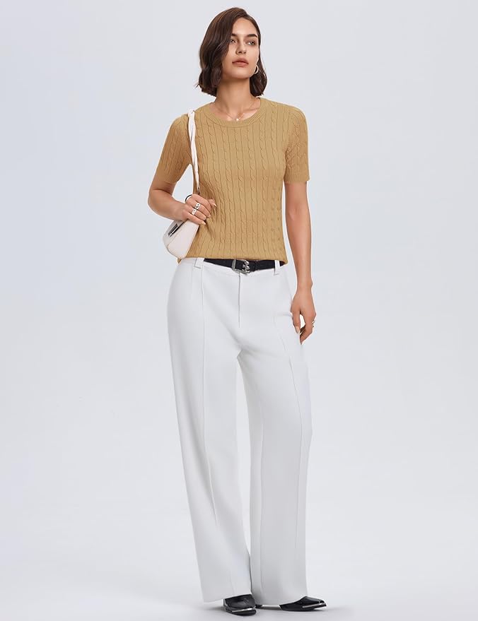 Micoson Womens Short Sleeve Cable Knit Sweater Tops Crewneck Lightweight Spring Summer Shirts Business Dressy Casual Outfits