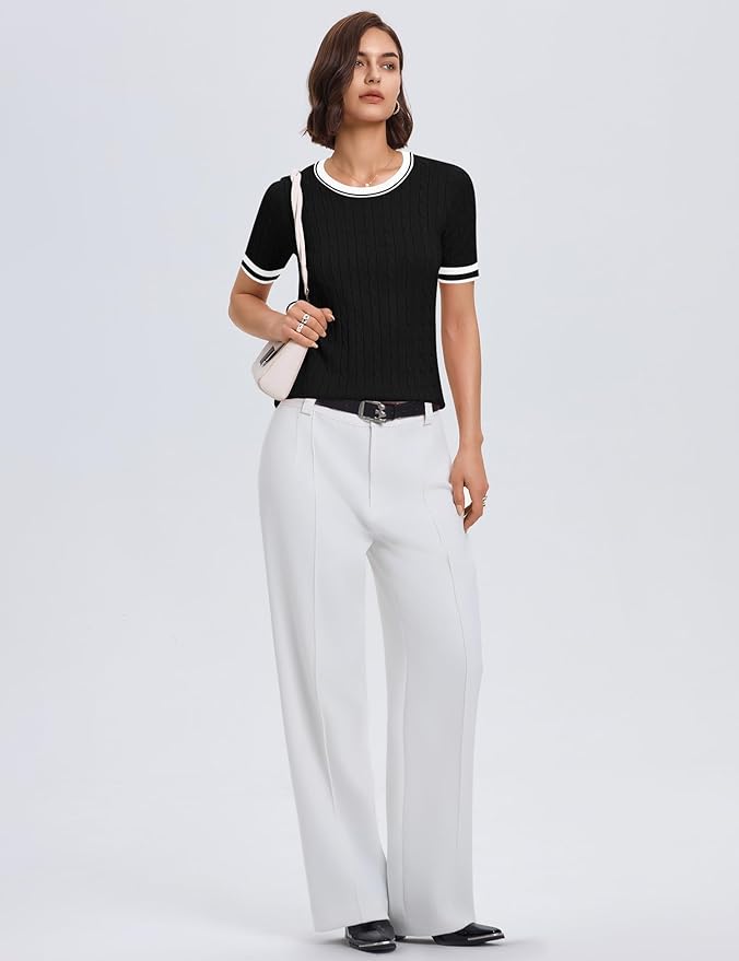 Micoson Womens Short Sleeve Cable Knit Sweater Tops Crewneck Lightweight Spring Summer Shirts Business Dressy Casual Outfits