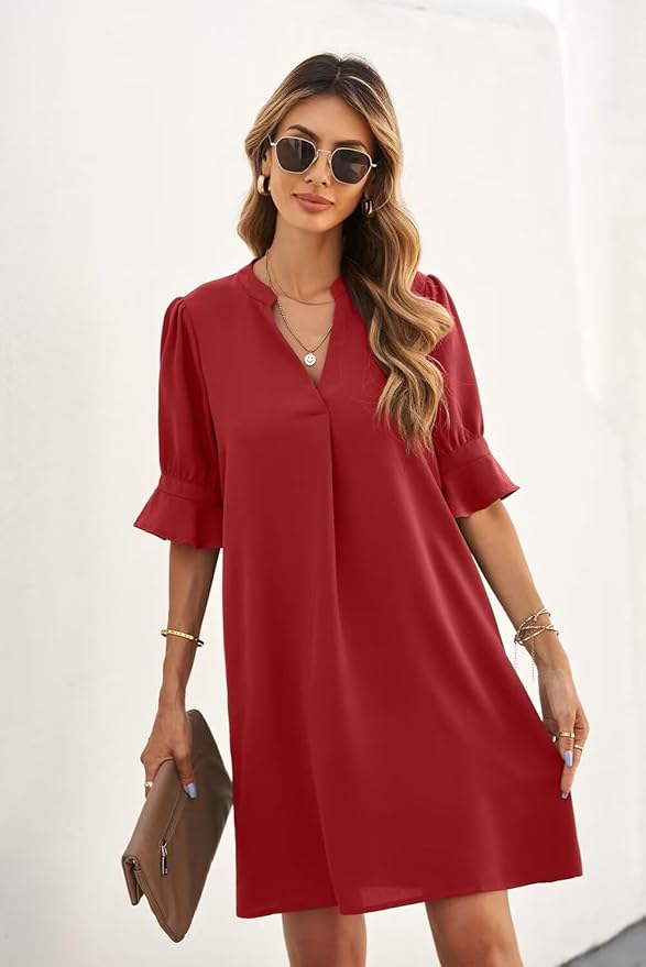 QACOHU Summer Dresses for Women V Neck Ruffle Short Sleeve Casual Shift Dress