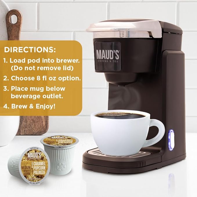 Maud's Caramel Popcorn Flavored Coffee Pods, 18 ct, Medium Roast Flavored Coffee in Recyclable Single Serve Pods – 100% Arabica Beans, Compatible with Keurig K Cups Maker