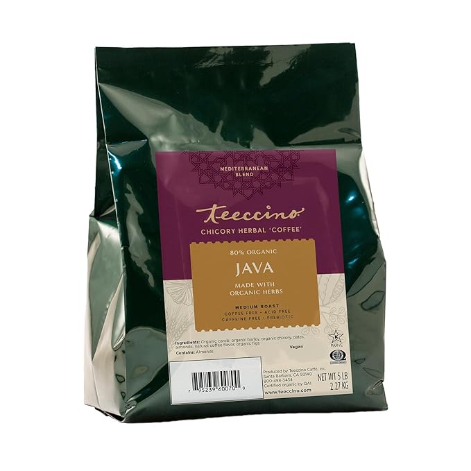 Teeccino Java Chicory Coffee Alternative, 5 Lb Bag - Ground Herbal Coffee That’s Prebiotic, Caffeine Free & Acid Free, Medium Roast