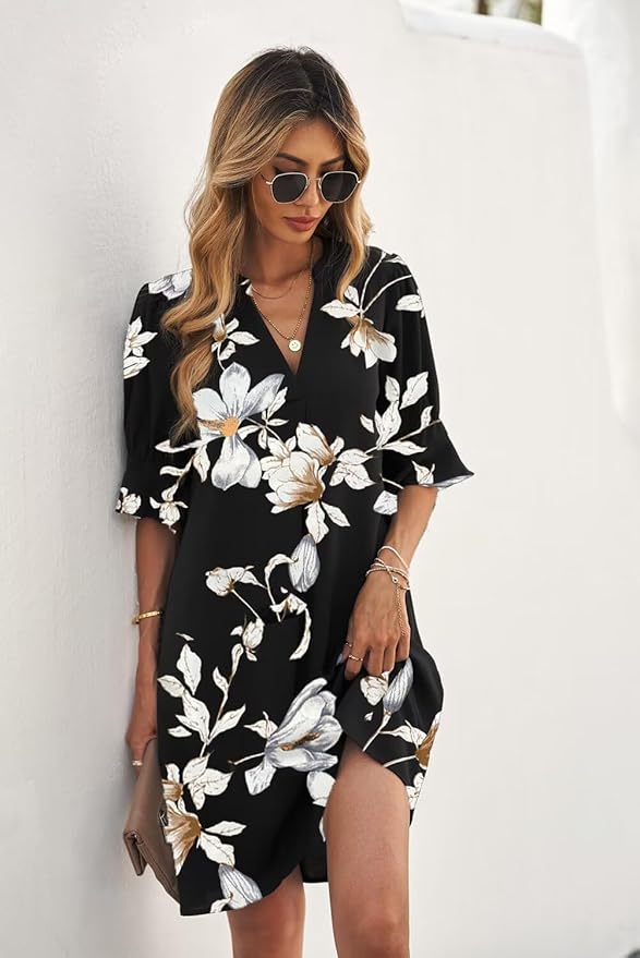 Wkior Shift Dress for Women V Neck Short Sleeves Solid Color Casual Flowy Summer Dresses(S-2XL)