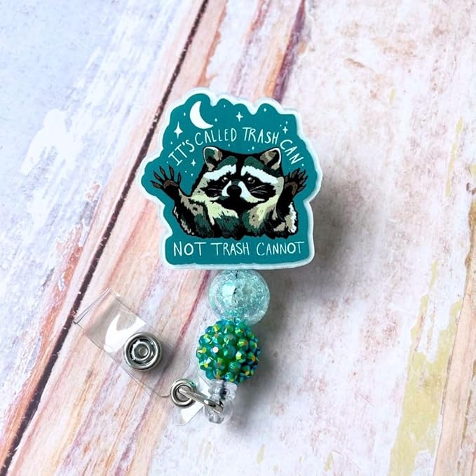 Raccoon Badge Reel Its Called Trash Can Not Trash Cannot Funny Cute Meme Name Clip Holder Possum Animal Green for Nurse Teacher Office Medical Assistant Worker Dark Humor Accessories Supplies Gifts