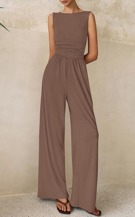 PRETTYGARDEN One Piece Jumpsuits for Women Dressy Casual Sleeveless Crewneck Wide Leg Rompers Jumpers Vacation Summer Outfits