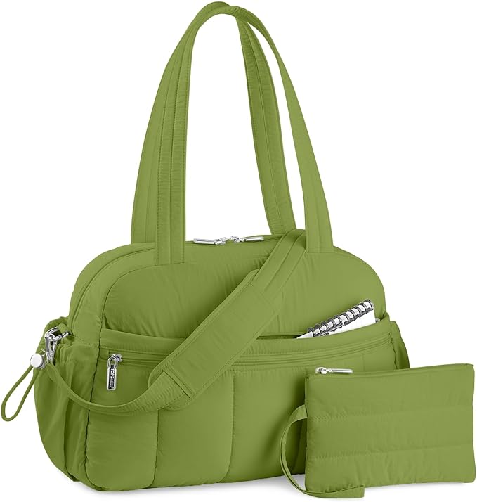 TOPDesign Travel Duffel Bag for Women, Puffer Gym Bag Sports Tote with Wet Pocket, Carry On Weekender with Luggage Sleeve (Green)