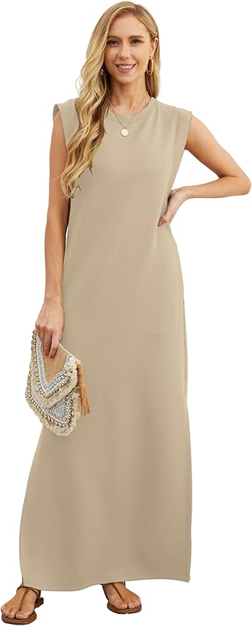GRECERELLE 2026 Women Year-Round Casual Round Neck Loose Split Wrinkle-Free Long Maxi Vacation Dress with Pockets (XXS-4XL)