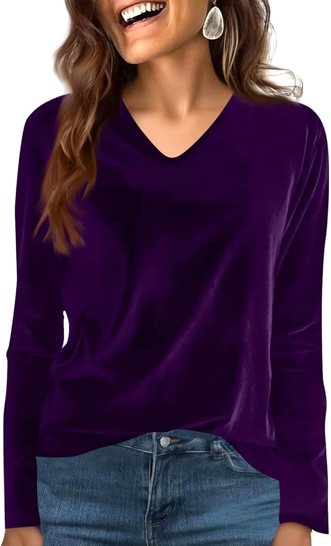 Velvet Tops for Women Dressy Casual V Neck Shirts Loose Fit Vintage Long Sleeve Velour Blouse Solid Holiday Party Outfits