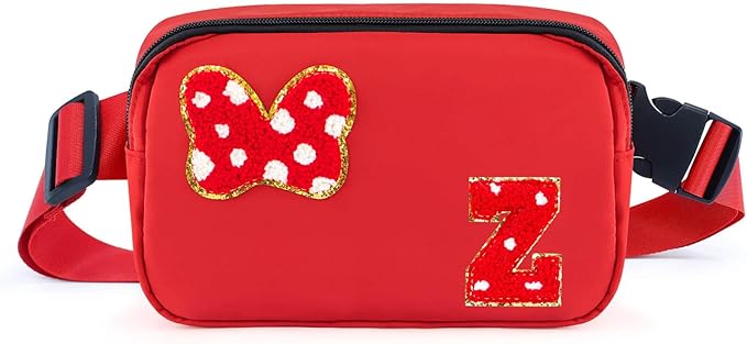 Chenille Initial Letter Bow Mouse Fanny Pack, Waterproof Park Crossbody Bag Christmas Birthday Gifts for Teen Girls Daughter Women Kids Adults, Cute Belt Bag Must Haves for Park Travel (Z, Red)