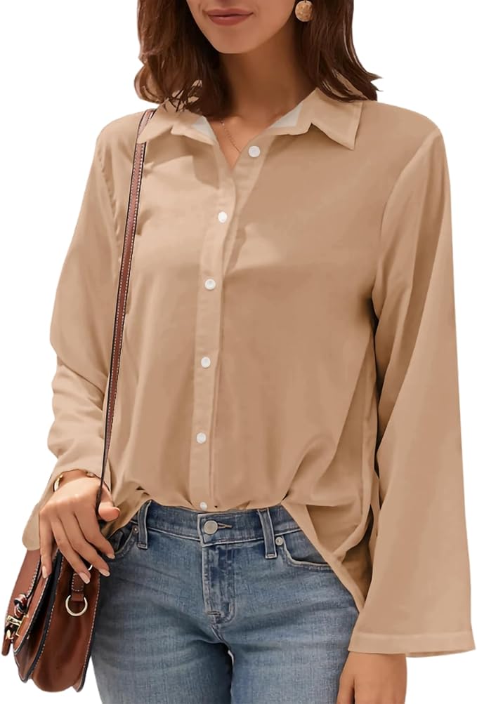 Womens Classic Shirts Casual Button Solid Color Long Sleeve Work Blouse Collared Relaxed Fit Summer Tops