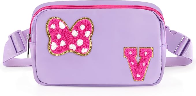 Chenille Initial Letter Bow Mouse Fanny Pack, Waterproof Park Crossbody Bag Christmas Birthday Gifts for Teen Girls Daughter Women Kids Adults, Cute Belt Bag Must Haves for Park Travel (V, Purple)