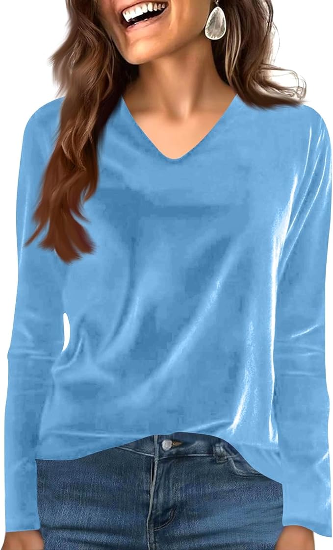 Velvet Tops for Women Dressy Casual V Neck Shirts Loose Fit Vintage Long Sleeve Velour Blouse Solid Holiday Party Outfits