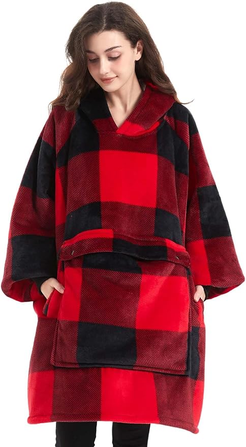 KFUBUO Wearable Blanket Hoodie for Adults Sherpa All Patterns Oversized Sweatshirt Blanket with Pockets for Women Red Plaid