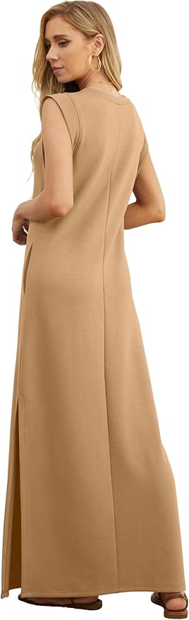 GRECERELLE 2026 Women Year-Round Casual Round Neck Loose Split Wrinkle-Free Long Maxi Vacation Dress with Pockets (XXS-4XL)