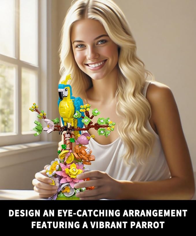 MOC Flowers and Parrot Building Set- Compatible with Lego Flower, Succulent Botanica andl Cute Bird Collection Set, A Beautiful for her or him (1162pcs)