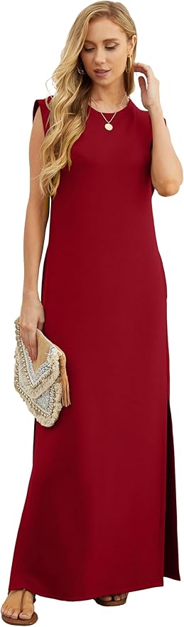 GRECERELLE 2026 Women Year-Round Casual Round Neck Loose Split Wrinkle-Free Long Maxi Vacation Dress with Pockets (XXS-4XL)