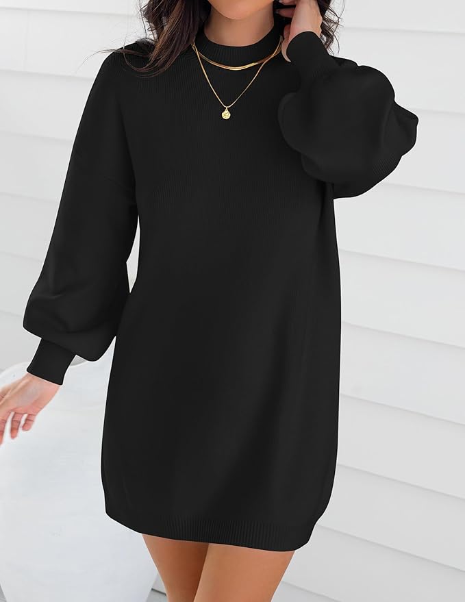 ZESICA Women's 2026 Fall Turtleneck Sweater Dress Oversized Long Lantern Sleeve Casual Knit Pullover Mini Dresses